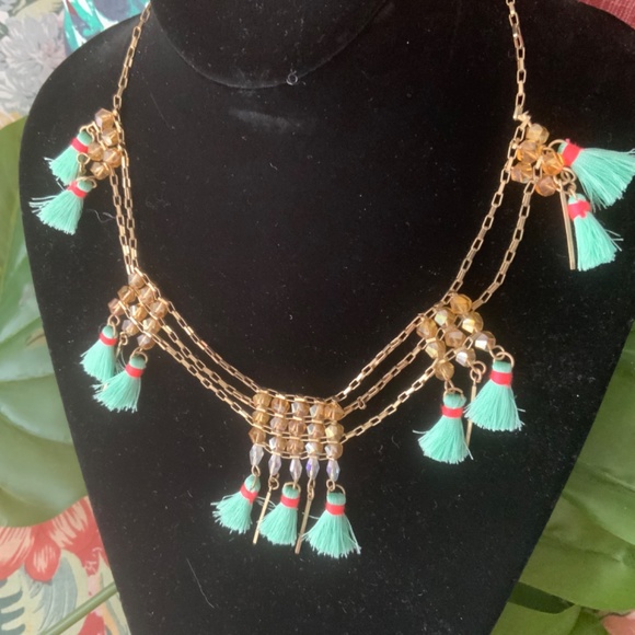 TASSEL FRINGE BEADED STATEMENT NECKLACE BOHO VIBE / GOLD FILAGREE CHAIN NEW - Picture 2 of 6